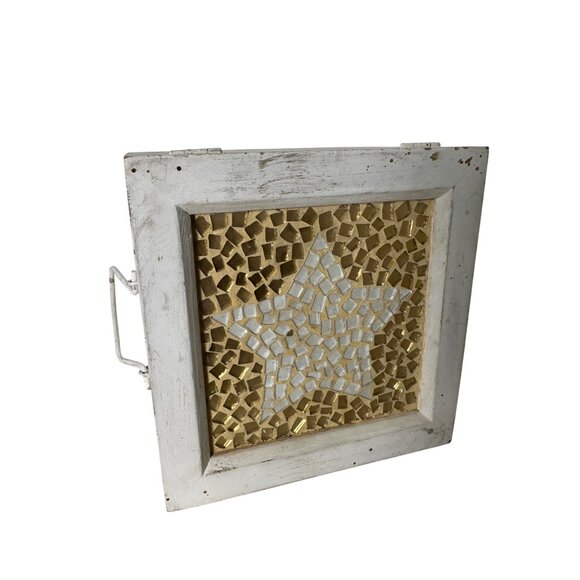 Vintage White Wooden Box With Gold & White Mosaic Star Design 8x8x5 - Picture 6 of 7